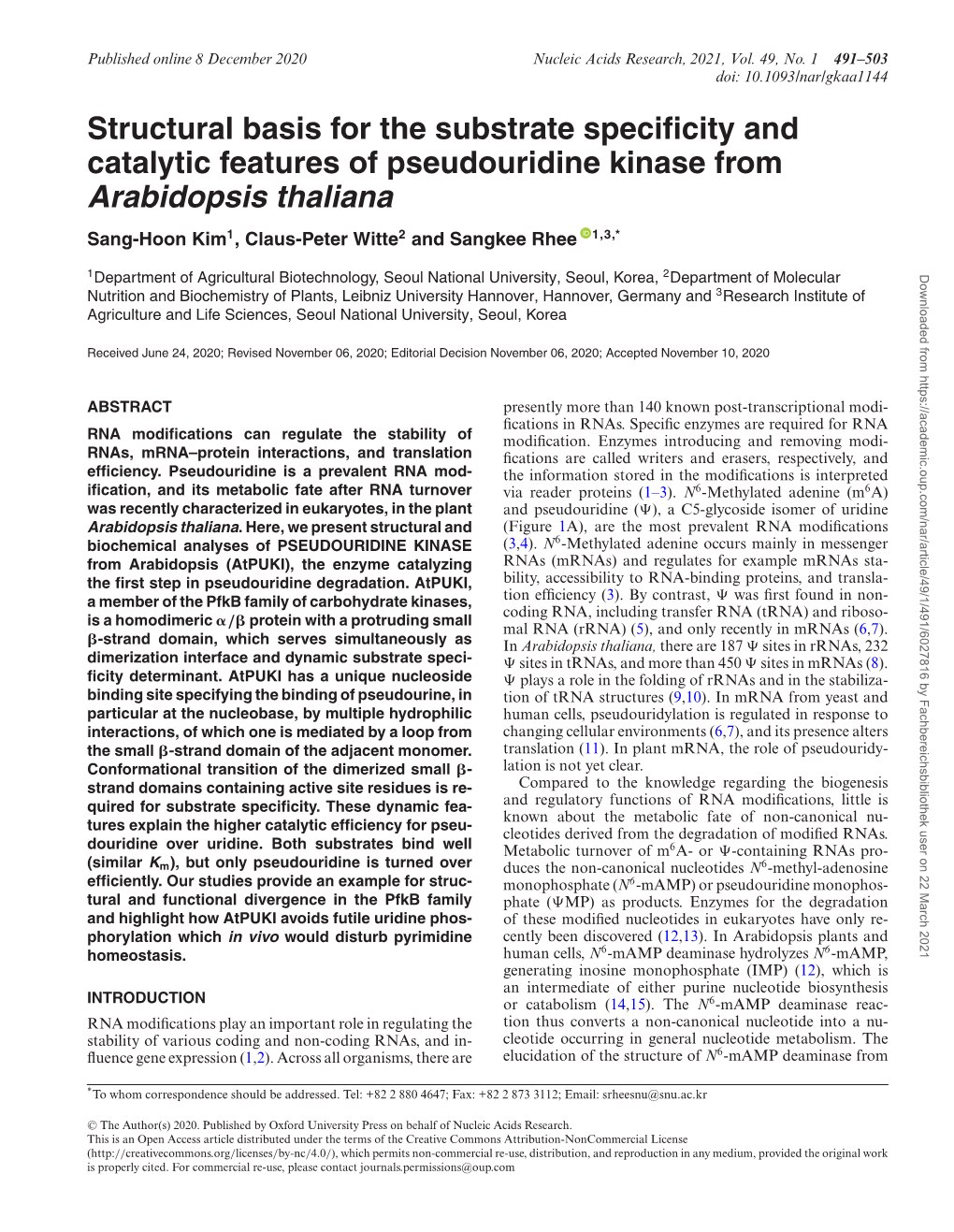 Arabidopsis Thaliana Sang-Hoon Kim1, Claus-Peter Witte2 and Sangkee Rhee 1,3,*