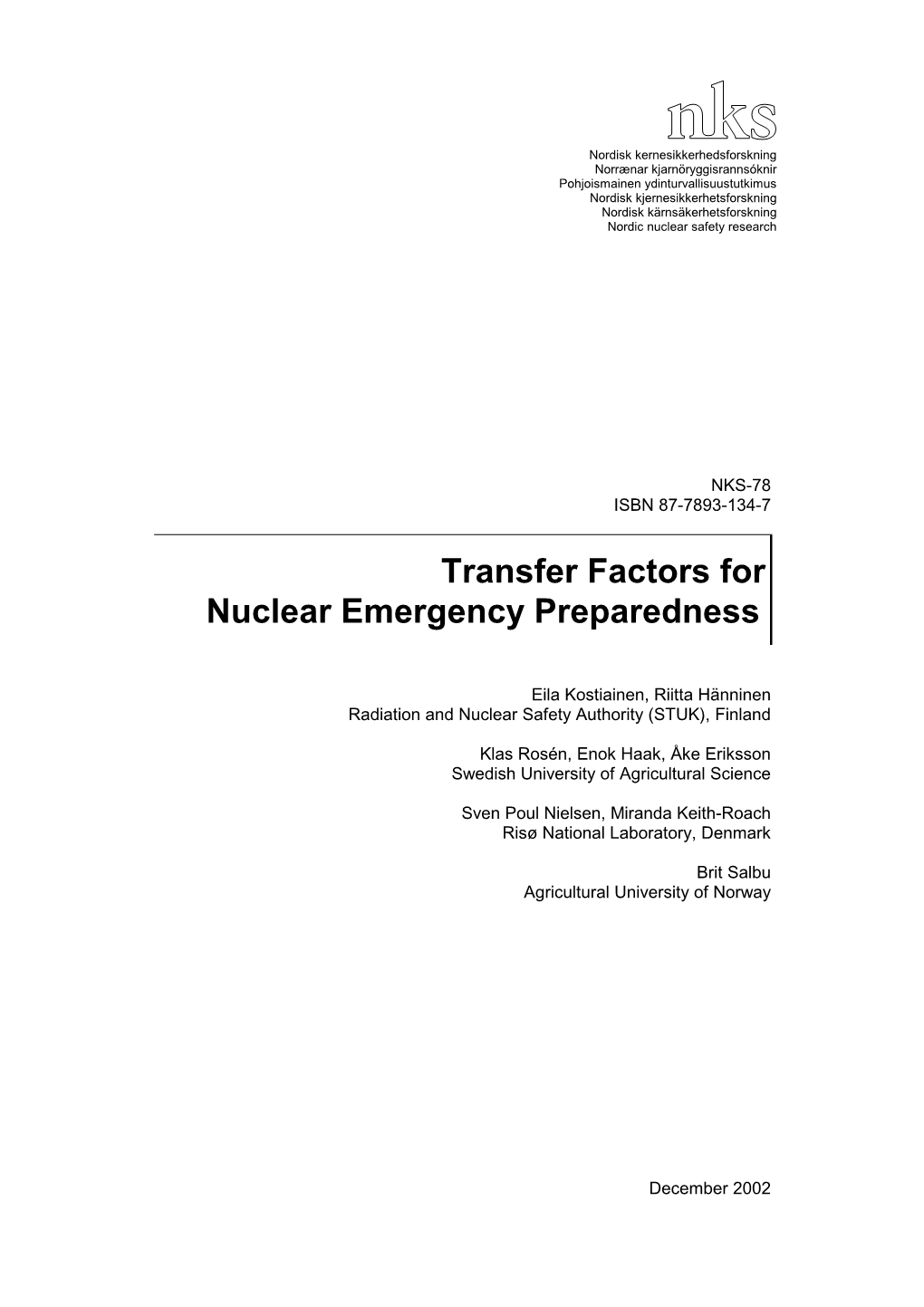 Transfer Factors for Nuclear Emergency Preparedness