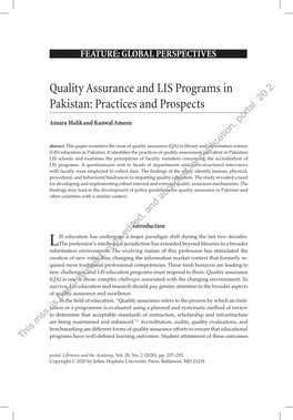 Quality Assurance and LIS Programs in Pakistan: Practices and Prospects 20.2