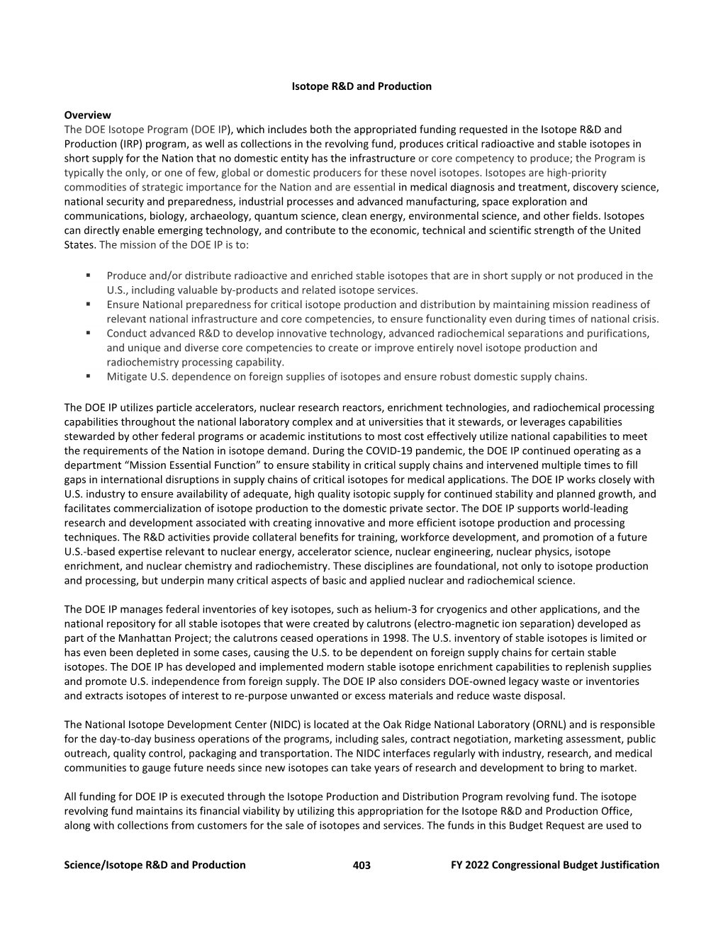 FY 2022 Isotope R&D and Production Budget Request