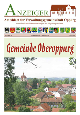 Jahrgang 26 Donnerstag, Den 4. August 2016 Nummer 8 Gemeinde Oberoppurg Oppurg - 2 - Nr