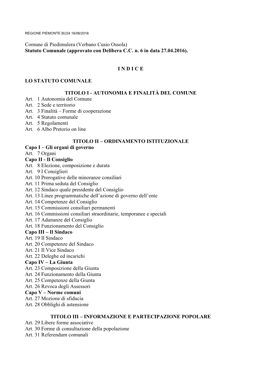 Comune Di Piedimulera (Verbano Cusio Ossola) Statuto Comunale (Approvato Con Delibera C.C