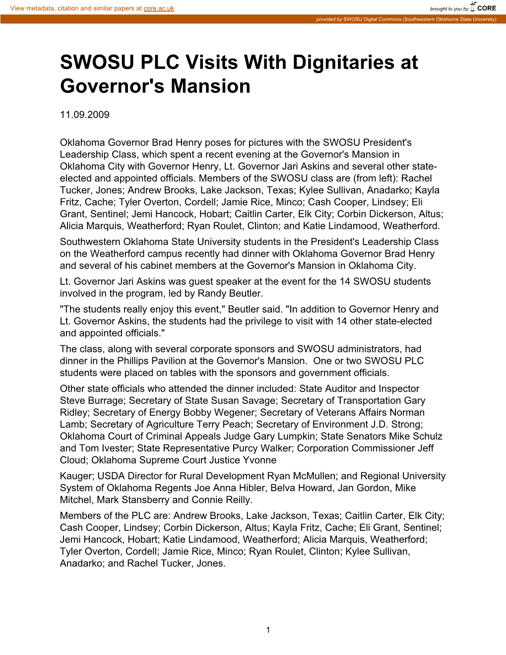 11-09-2009 SWOSU PLC Visits with Dignitaries at Governor's Mansion