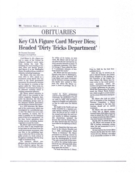 OBITUARIES Key CIA Figure Cord Meyer Dies; Headed 'Dirty Tricks Department' by Orts.Nat Zrziamsra Washington Pau Staff Writer