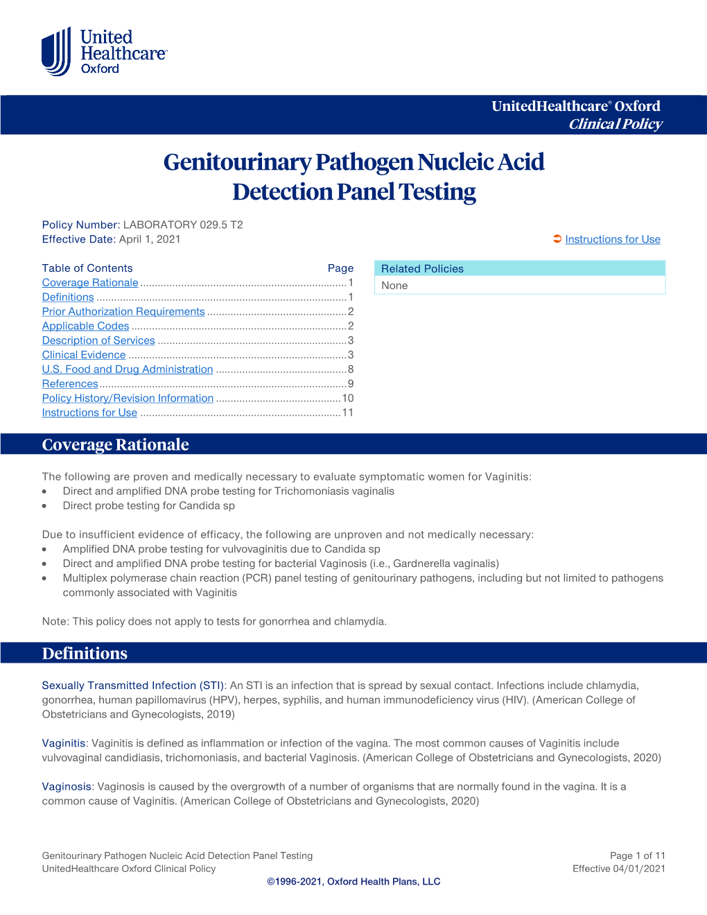 Genitourinary Pathogen Nucleic Acid Detection Panel Testing