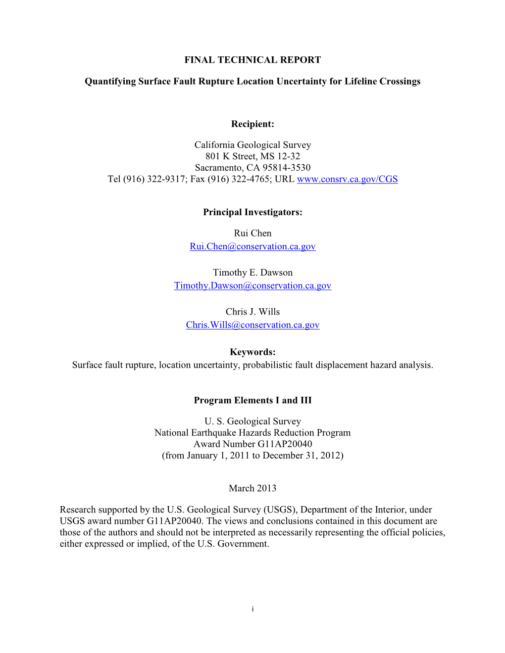 FINAL TECHNICAL REPORT Quantifying Surface Fault Rupture