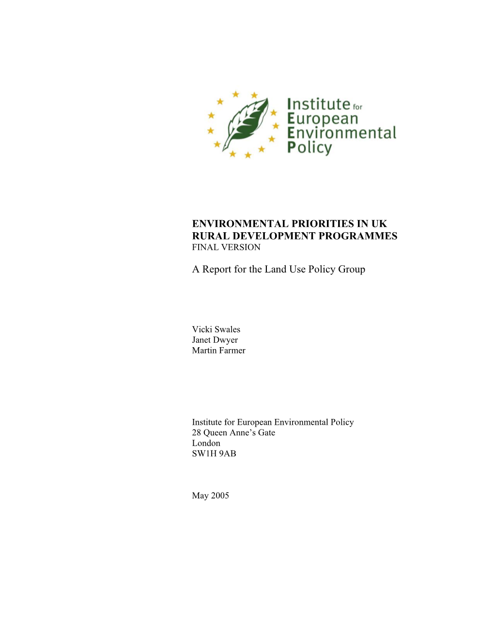 Environmental Priorities in Uk Rural Development Programmes Final Version