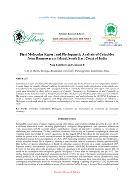 First Molecular Report and Phylogenetic Analysis of Crinoidea from Rameswaram Island, South East Coast of India