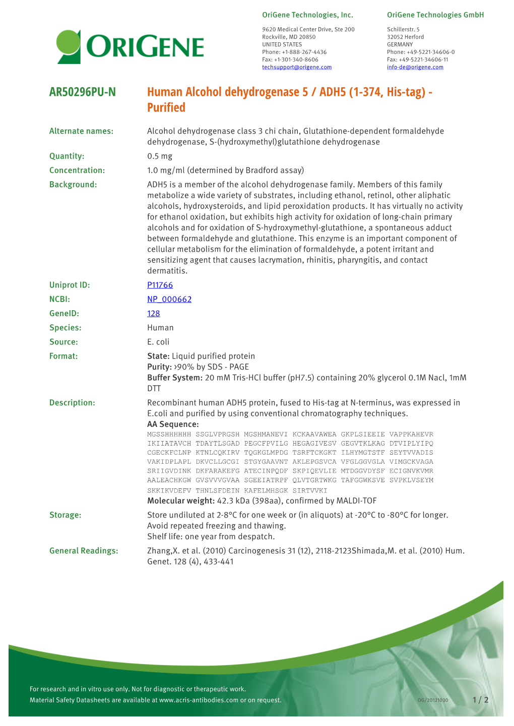 Human Alcohol Dehydrogenase 5 / ADH5 (1-374, His-Tag) - Purified