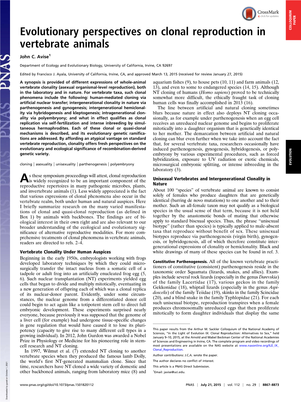 Evolutionary Perspectives on Clonal Reproduction in Vertebrate Animals