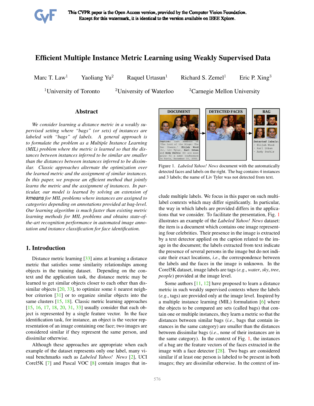 Efficient Multiple Instance Metric Learning Using