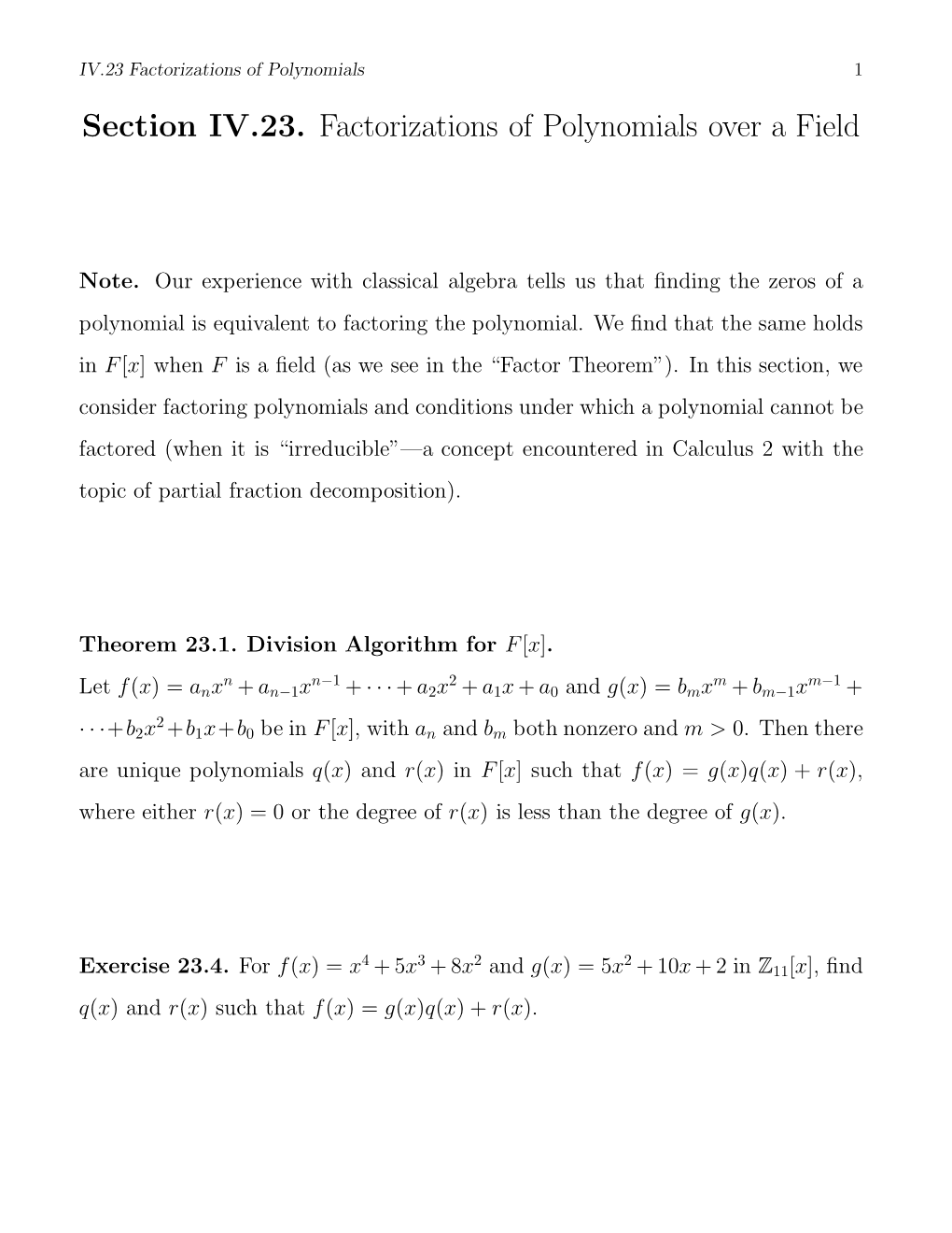 Section IV.23. Factorizations of Polynomials Over a Field