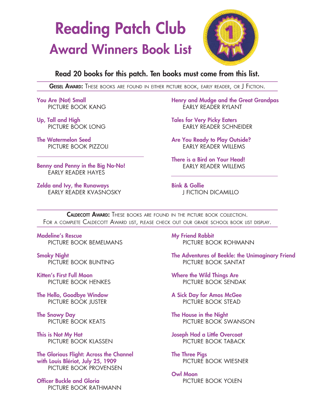 Reading Patch Club Award Winners Book List