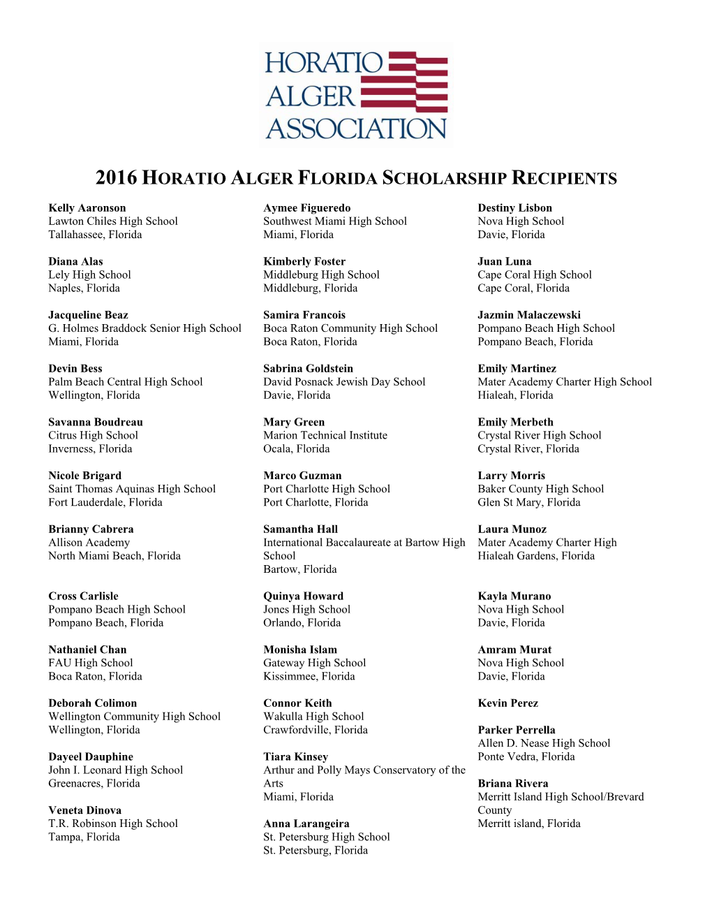 2016 Horatio Alger Florida Scholarship Recipients