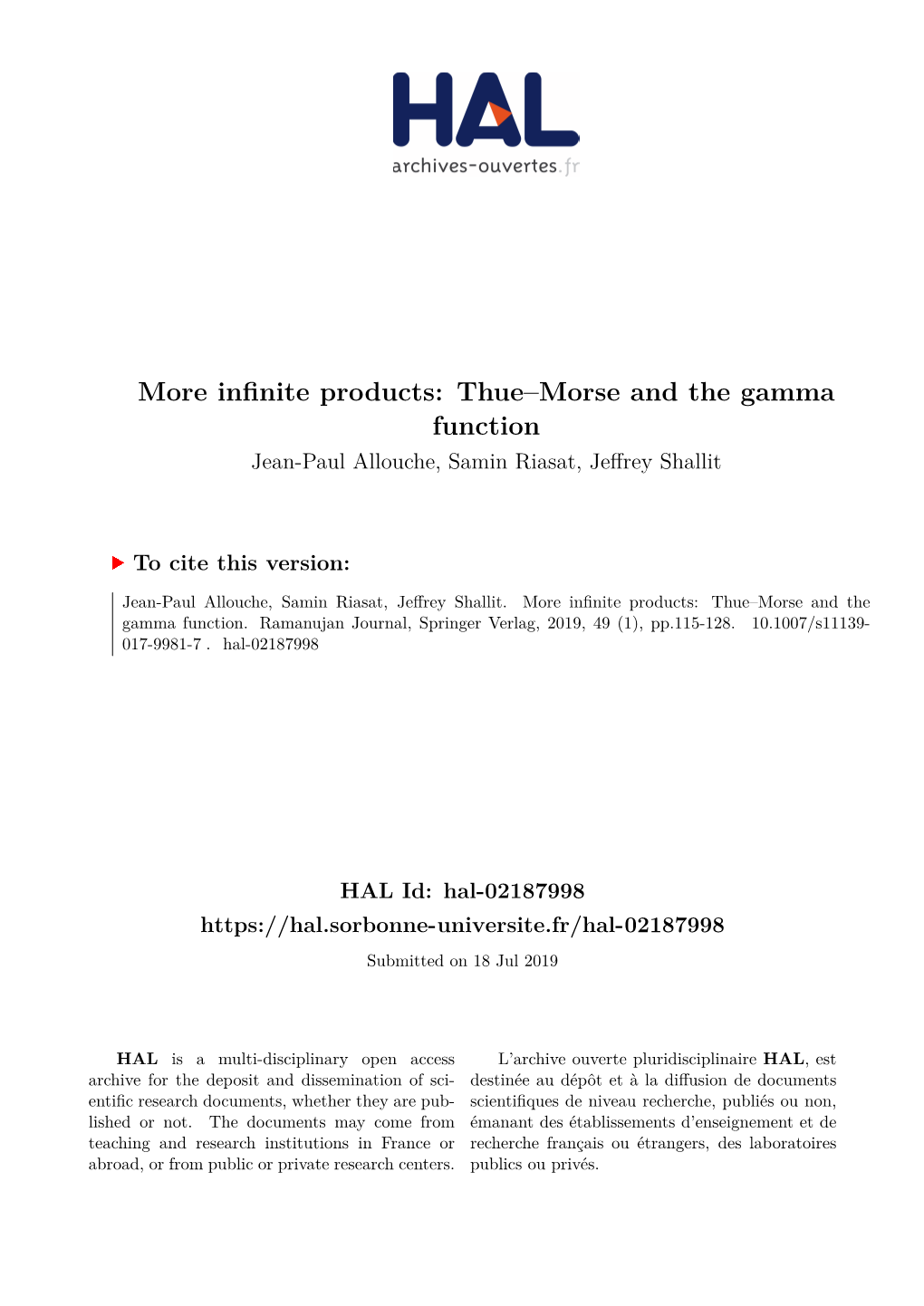 Infinite Products: Thue–Morse and the Gamma Function Jean-Paul Allouche, Samin Riasat, Jeffrey Shallit