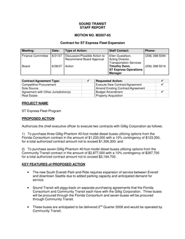 SOUND TRANSIT STAFF REPORT MOTION NO. M2007-65 Contract
