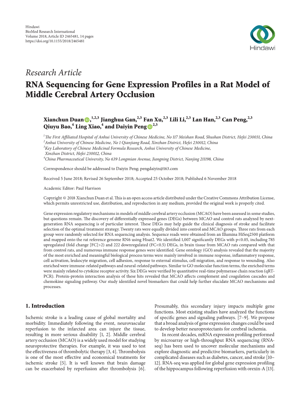 RNA Sequencing for Gene Expression Profiles in a Rat Model of Middle Cerebral Artery Occlusion