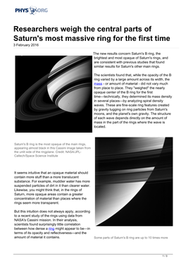 Researchers Weigh the Central Parts of Saturn's Most Massive Ring for the First Time 3 February 2016