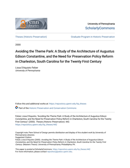 A Study of the Architecture of Augustus Edison Constantine, and the Need for Preservation Policy Reform in Charleston, South Carolina for the Twenty First Century