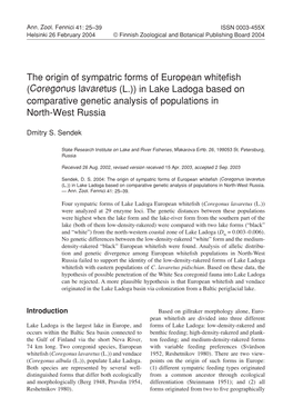 The Origin of Sympatric Forms of European Whitefish (Coregonus Lavaretus (L.)) in Lake Ladoga Based on Comparative Genetic Analy