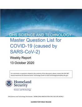 Master Question List for COVID-19 (Caused by SARS-Cov-2) Weekly Report 13 October 2020