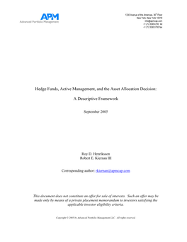 Hedge Funds, Active Management, and the Asset Allocation Decision