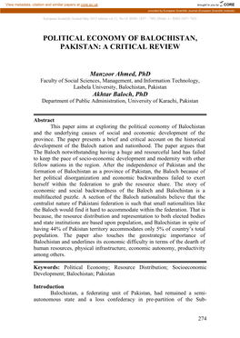 Political Economy of Balochistan, Pakistan: a Critical Review