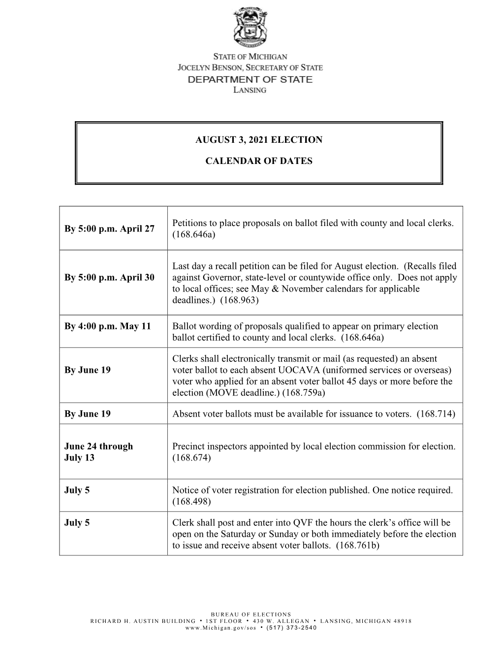 August 3, 2021 Election Calendar