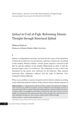 Ijtihad in Usul Al-Fiqh: Reforming Islamic Thought Through Structural Ijtihad,” Iran Nameh, 30:3 (Fall 2015), XX-XXVII