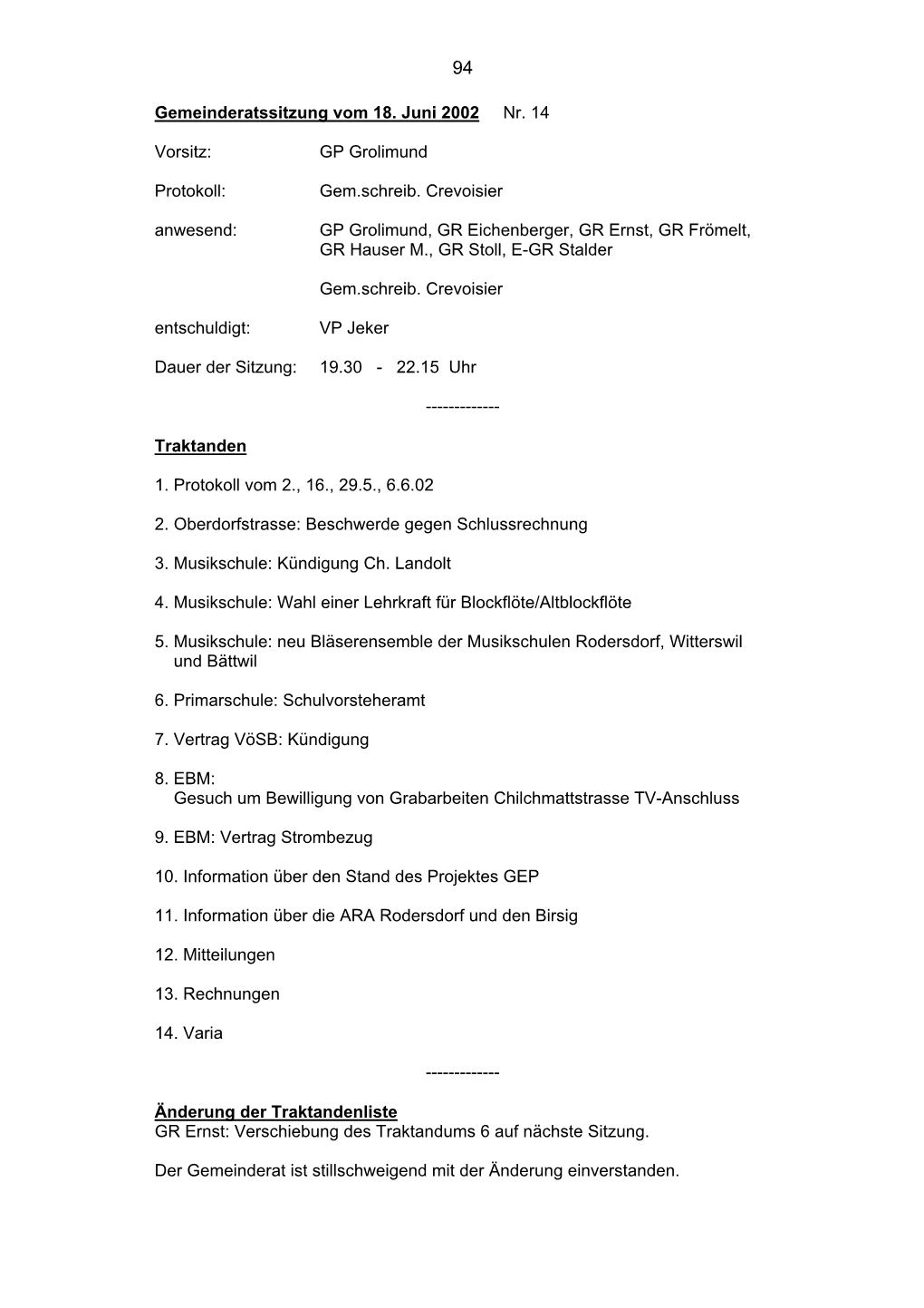 Gemeinderatssitzung Vom 18. Juni 2002 Nr