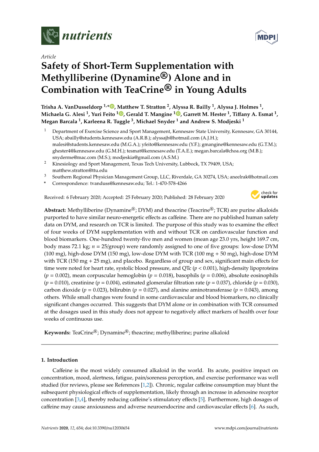 Safety of Short-Term Supplementation with Methylliberine (Dynamine®) Alone and in Combination with Teacrine® in Young Adults