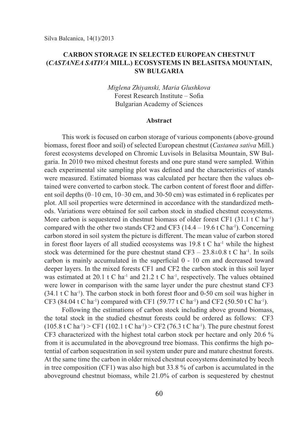 Carbon Storage in Selected European Chestnut (Castanea Sativa Mill.) Ecosystems in Belasitsa Mountain, Sw Bulgaria