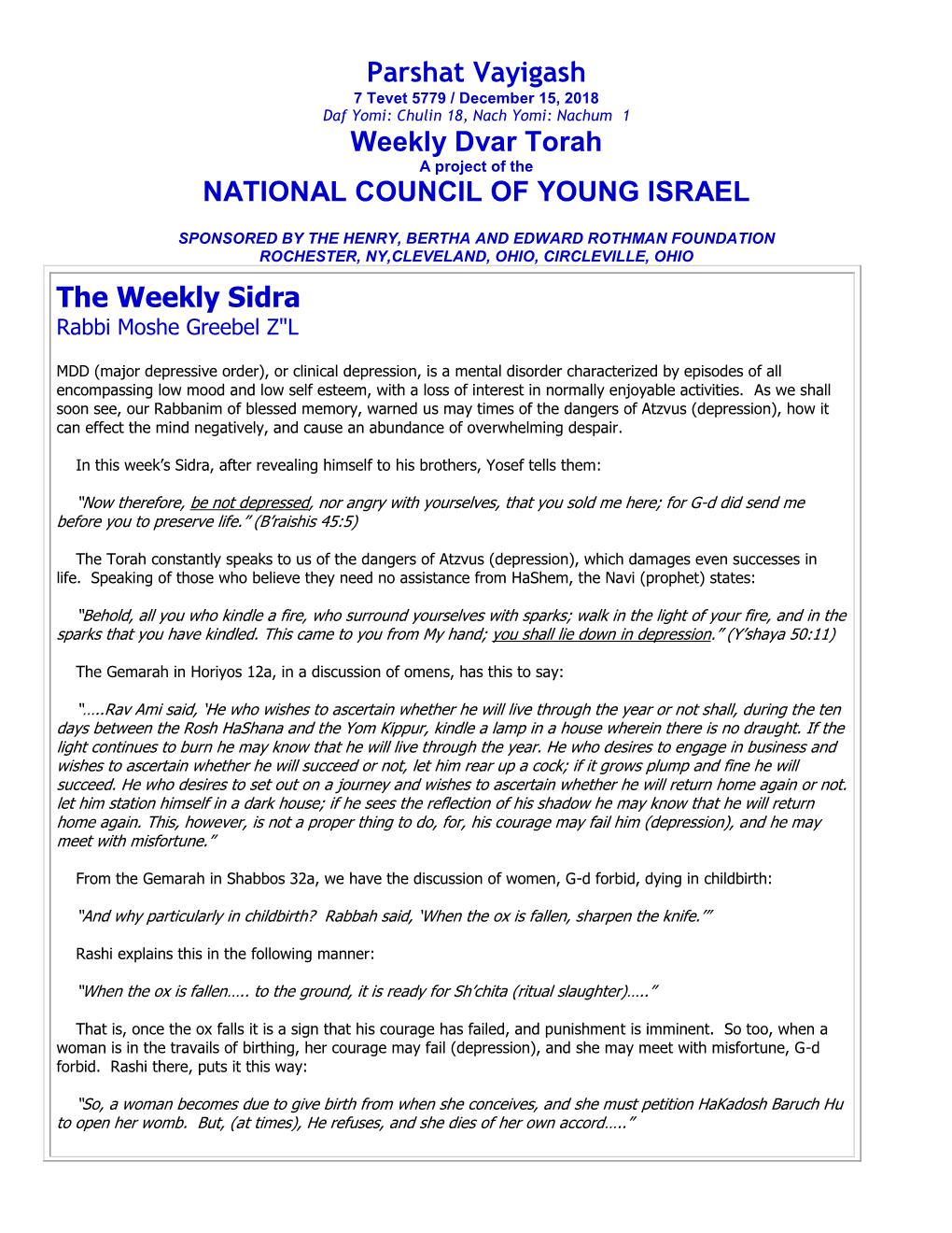 Parshat Vayigash Weekly Dvar Torah NATIONAL COUNCIL of YOUNG