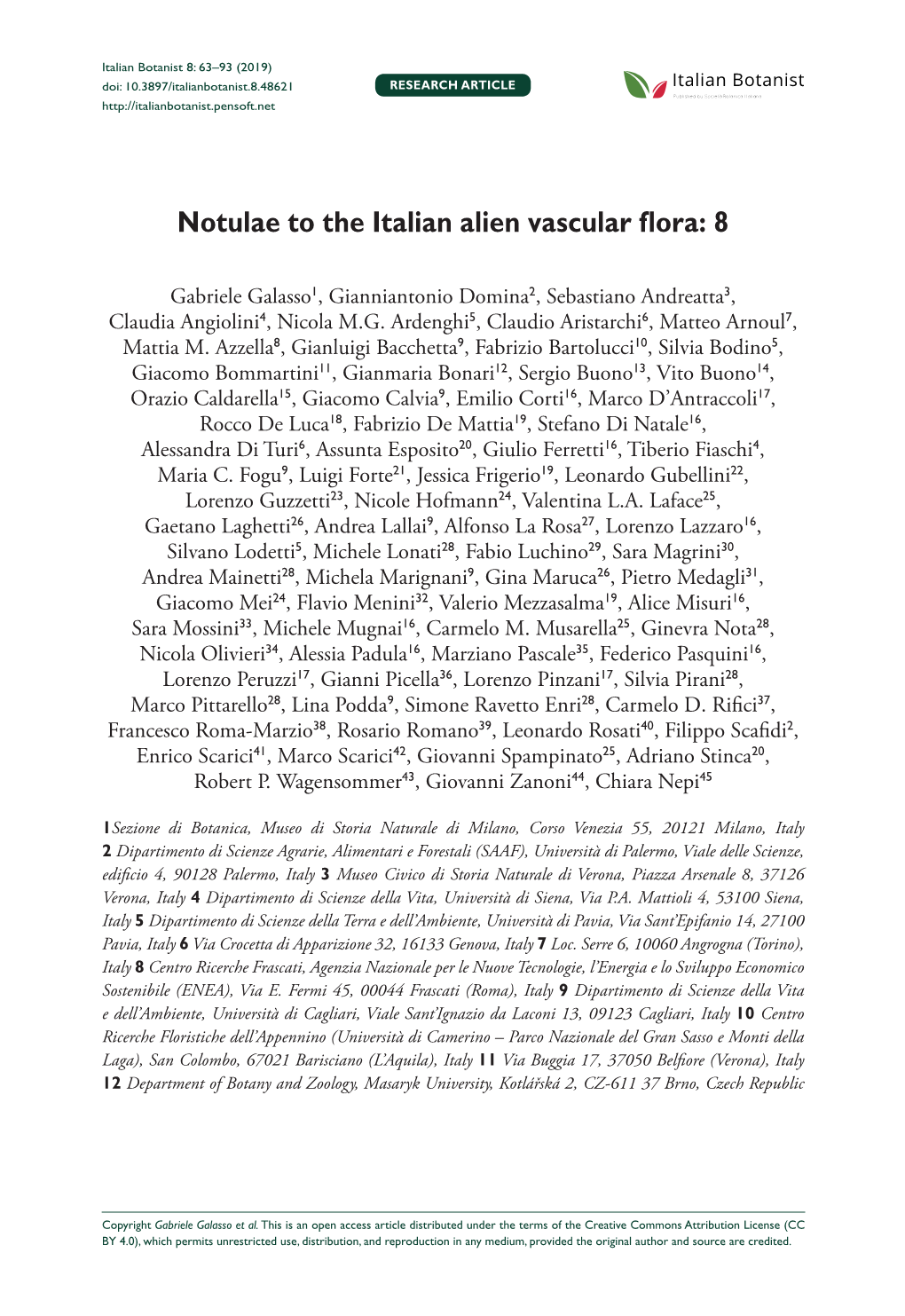 Notulae to the Italian Alien Vascular Flora: 8 63 Doi: 10.3897/Italianbotanist.8.48621 RESEARCH ARTICLE
