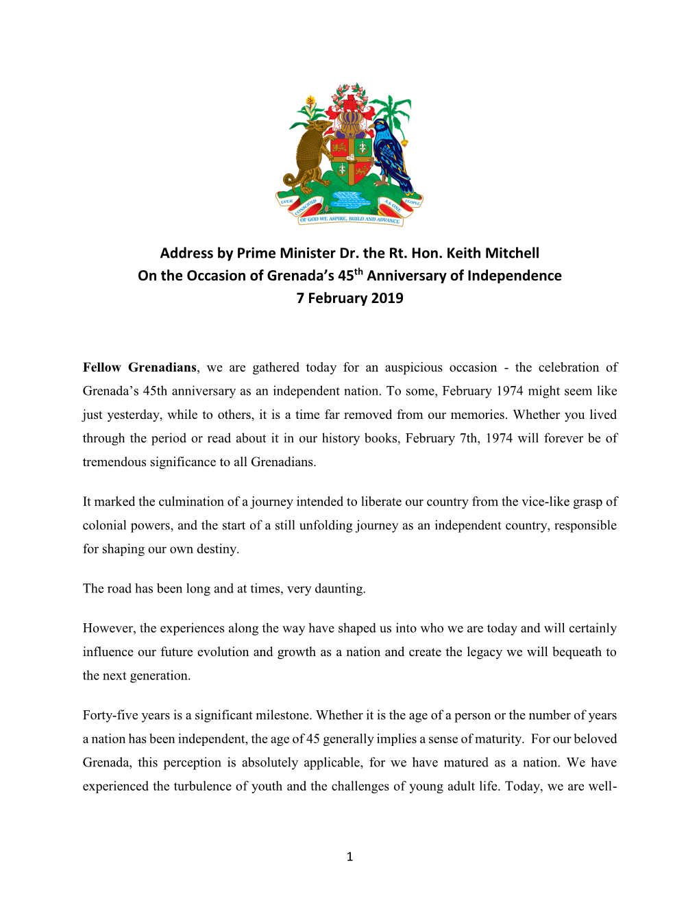 Address by Prime Minister Dr. the Rt. Hon. Keith Mitchell on the Occasion of Grenada’S 45Th Anniversary of Independence 7 February 2019