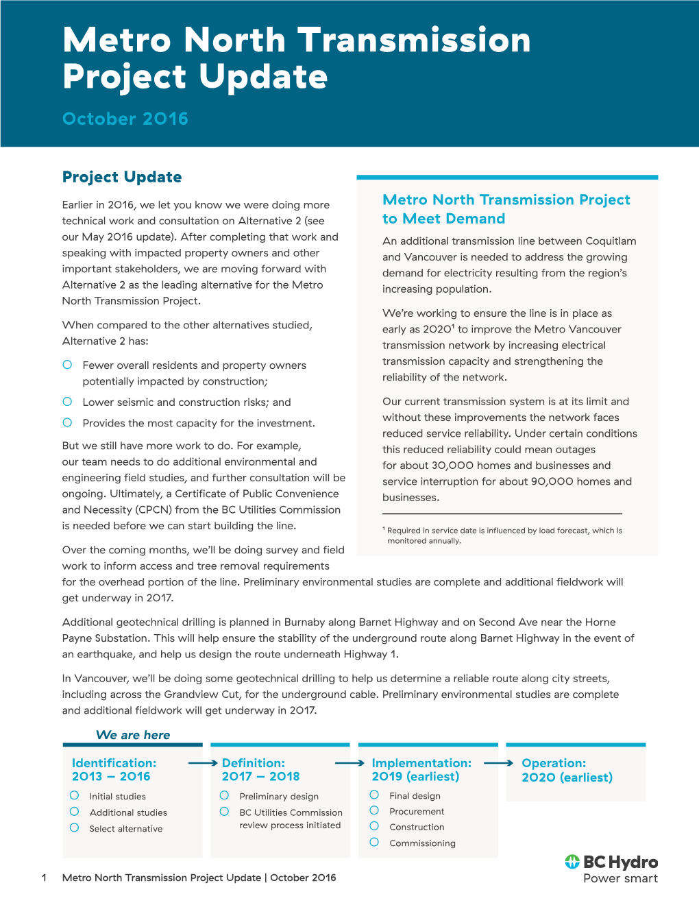 Metro North Transmission Project Update October 2016