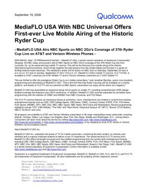 Mediaflo USA with NBC Universal Offers First-Ever Live Mobile Airing of the Historic Ryder Cup