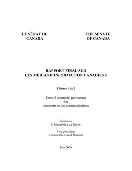 Le Sénat Du Canada the Senate of Canada Rapport