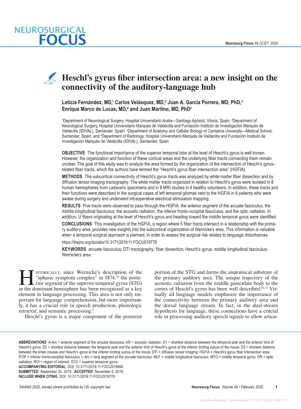 Heschl's Gyrus Fiber Intersection Area: a New Insight on the Connectivity Of