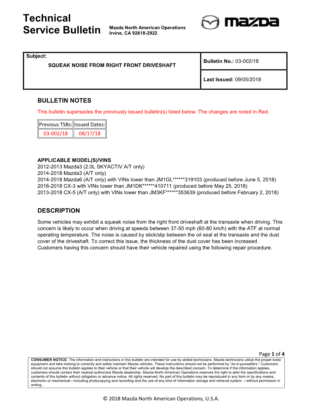 Technical Service Bulletin Mazda North American Operations