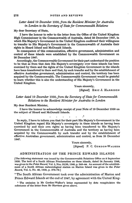 ADMINISTRATION of the PRINCE EDWARD ISLANDS [The Following Statement Was Issued by the Commonwealth Relations Office Oh 8 September 1950