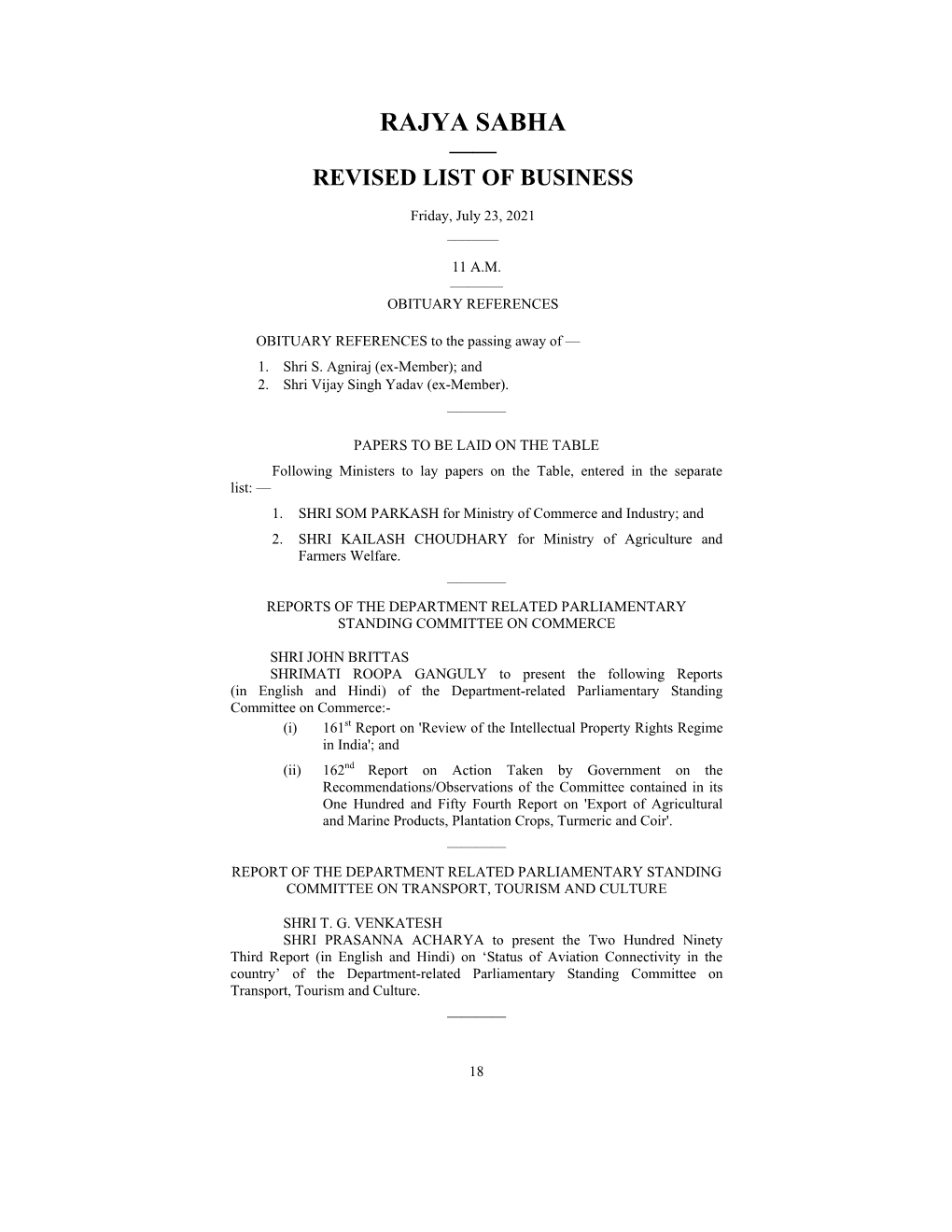 Rajya Sabha —— Revised List of Business