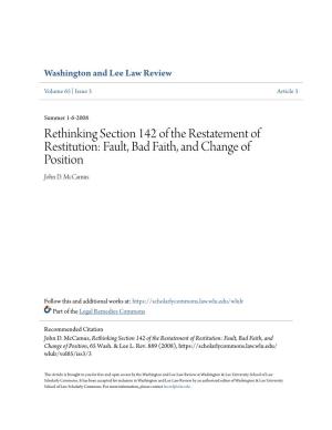 Rethinking Section 142 of the Restatement of Restitution: Fault, Bad Faith, and Change of Position John D