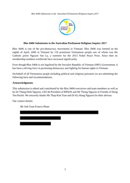 Bloc 8406 Submission to the Australian Parliament Religious Inquiry 2017