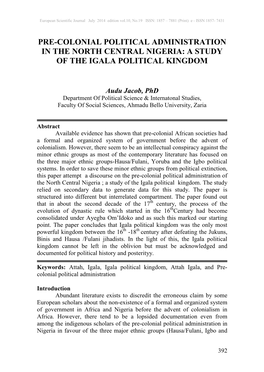 Pre-Colonial Political Administration in the North Central Nigeria: a Study of the Igala Political Kingdom