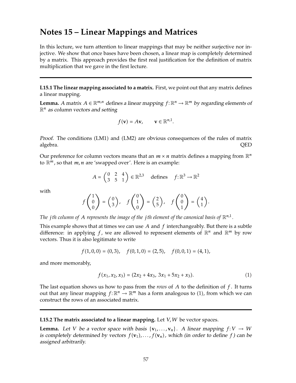 Notes 15 – Linear Mappings and Matrices