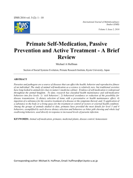 Primate Self-Medication, Passive Prevention and Active Treatment - a Brief Review