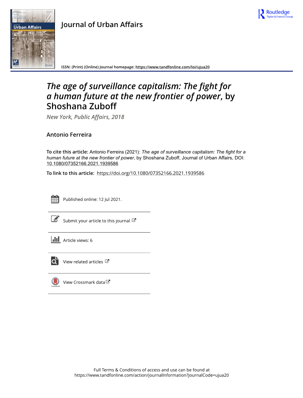 The Age of Surveillance Capitalism: the Fight for a Human Future at the New Frontier of Power, by Shoshana Zuboff New York, Public Affairs, 2018