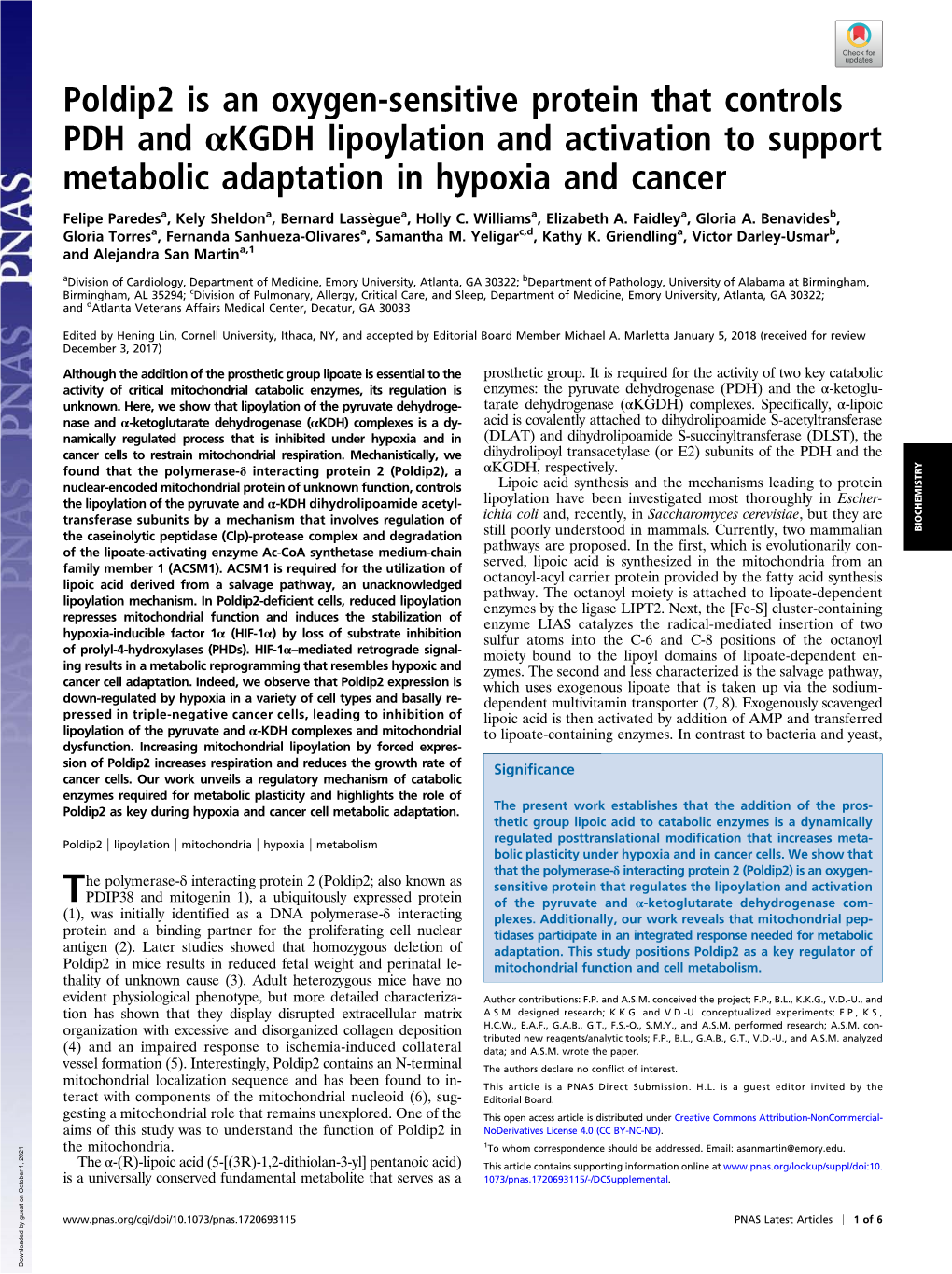 Poldip2 Is an Oxygen-Sensitive Protein That Controls PDH and Αkgdh Lipoylation and Activation to Support Metabolic Adaptation in Hypoxia and Cancer