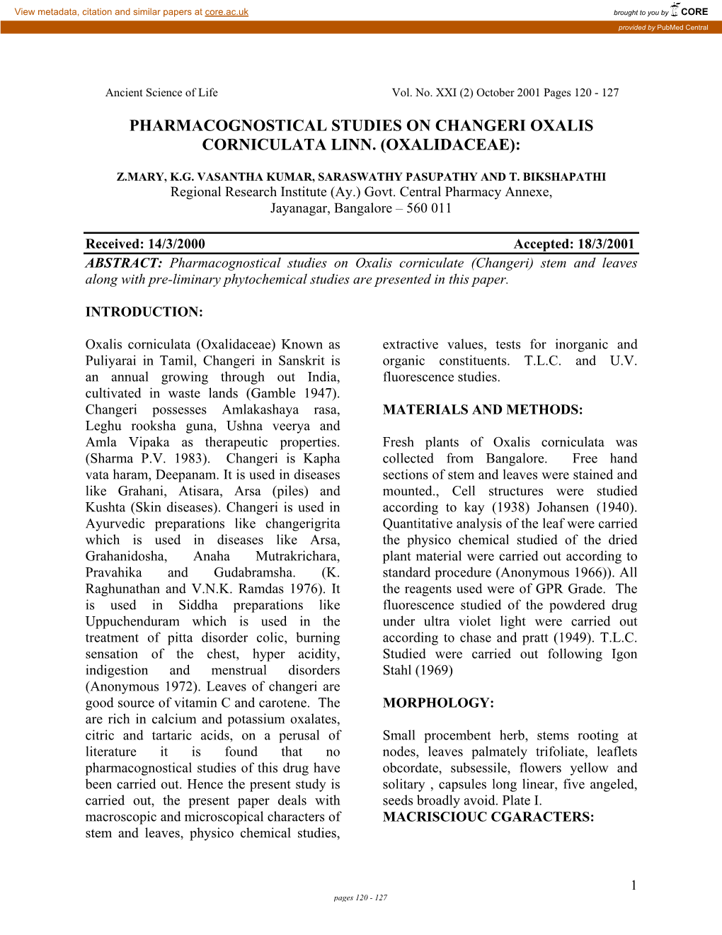 Pharmacognostical Studies on Changeri Oxalis Corniculata Linn